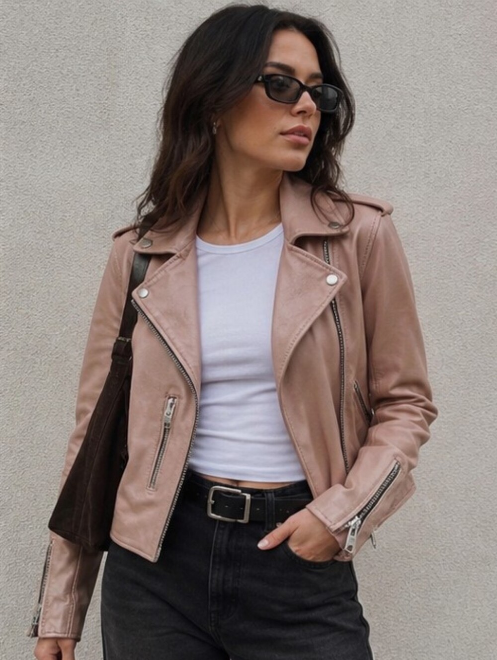 AllSaints Fern Biker Jacket – Blush Pink / Nude Leather – US 4